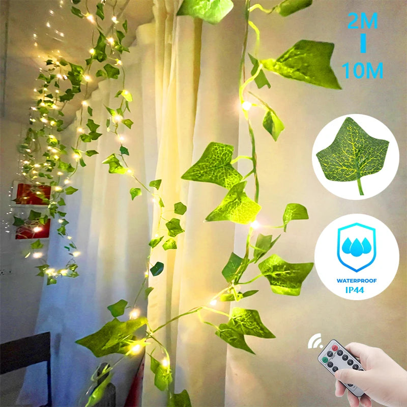 2M-10M Flower Green Leaf String Lights Artificial Vine Fairy Lights USB/Battery Powered Christmas Garland for Weeding Home Decor
