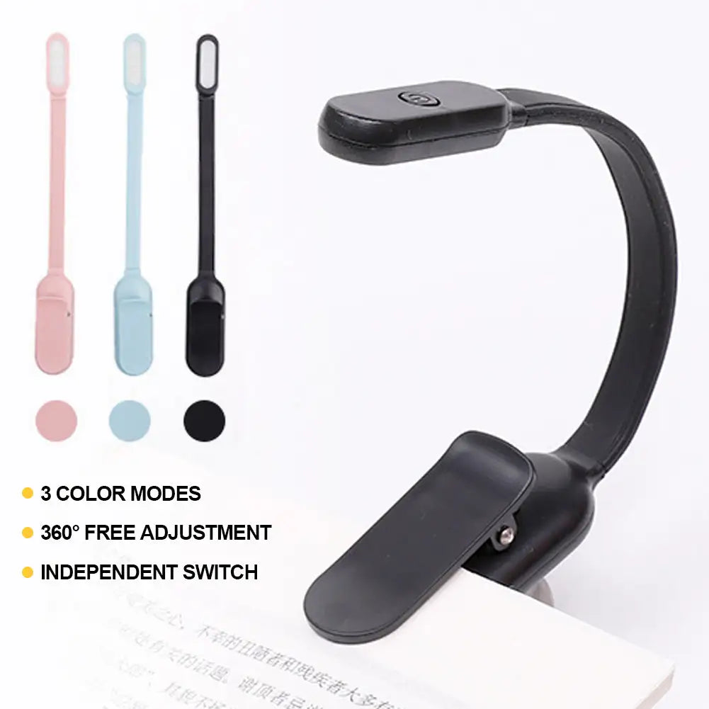 USB Mini LED Book Night 3 Light Color Adjustable Brightness Clip-On Study Reading Lamp Rechargeable for Travel Bedroom Reading