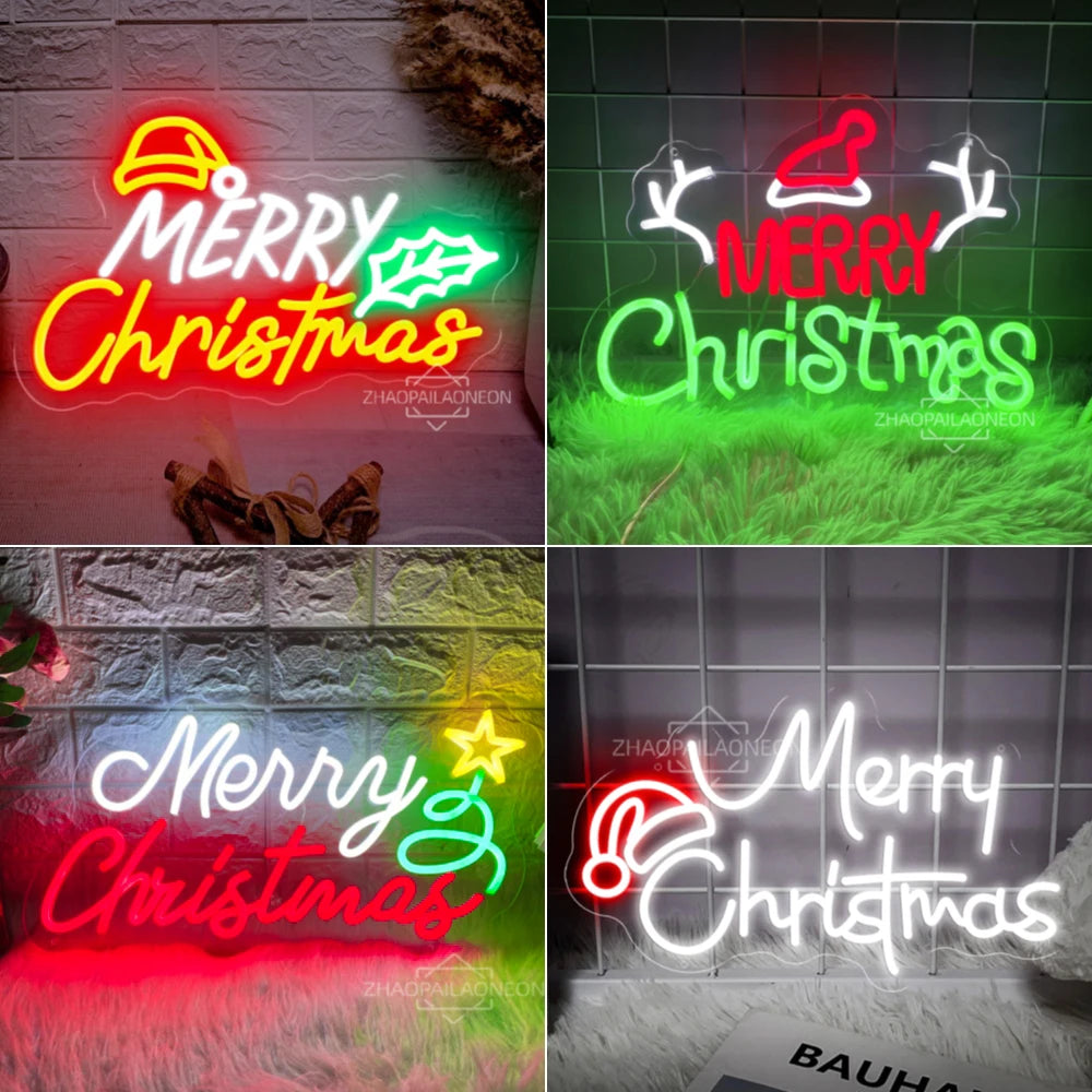 Merry Christmas Lights Neon LED Sign Christmas Decoration Room Bedroom Decor Wall Hanging Happy New Year Decor Signs Neon Lights