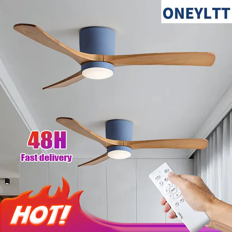 Low Profile Ceiling Fan With Lights 3 Carved Wood Fan Blades Noiseless Reversible Motor Remote Control Flush Mount