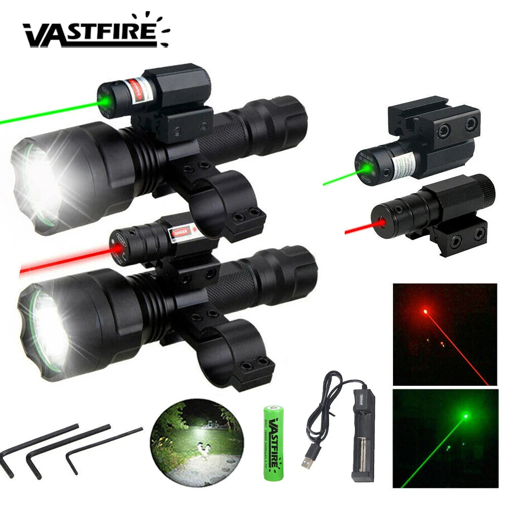 C8 Professional Tactical Green Red Flashlight 1-Mode Torch Power by 18650 Battery With Redline for Hunting Coyote Hog Varmint