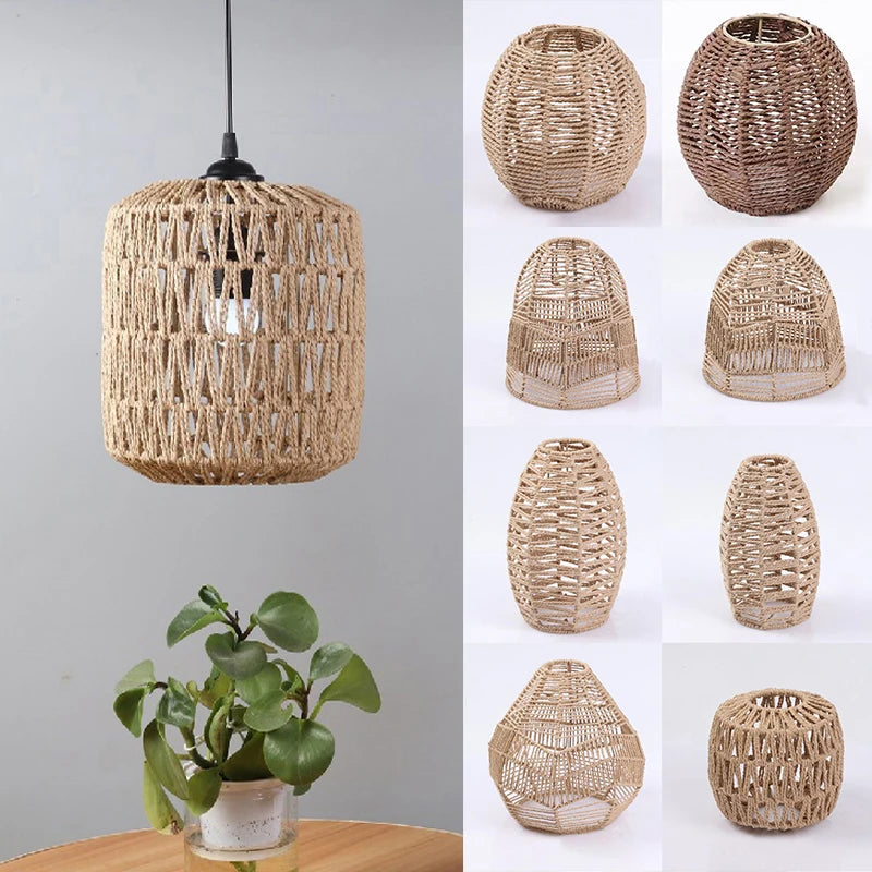 Boho Imitation Rattan Weave Lamp Shade Handwoven Paper Rope Light Cover Chandelier Pendant Lampshades Restaurant Bedroom Decor